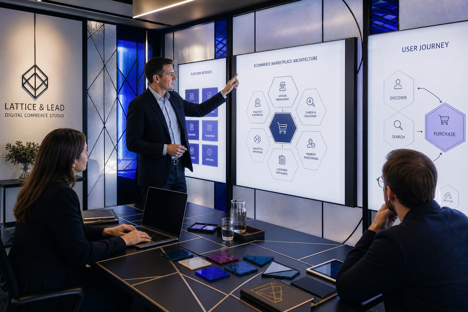 NEXLIFY EL LTD studio with professionals reviewing illuminated panel boards and marketplace diagrams